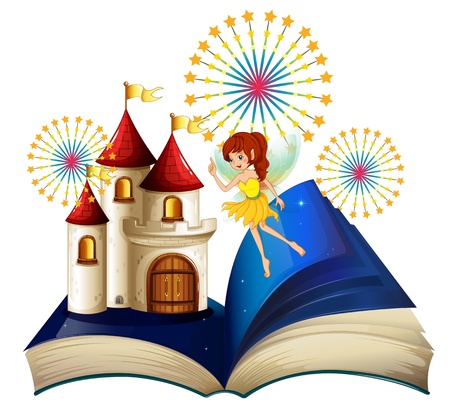 20727443-illustrazione-di-un-libro-di-fiabe-con-una-fata-volare-vicino-al-castello-con-fuochi-d-artificio-su
